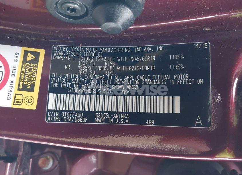 Photo 9 of 2016 Toyota Highlander LE PLUS V6 (VIN 5TDBKRFH0GS233551)