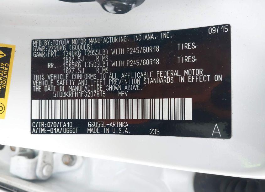 Photo 9 of 2015 Toyota Highlander LE PLUS V6 (VIN 5TDBKRFH1FS207815)