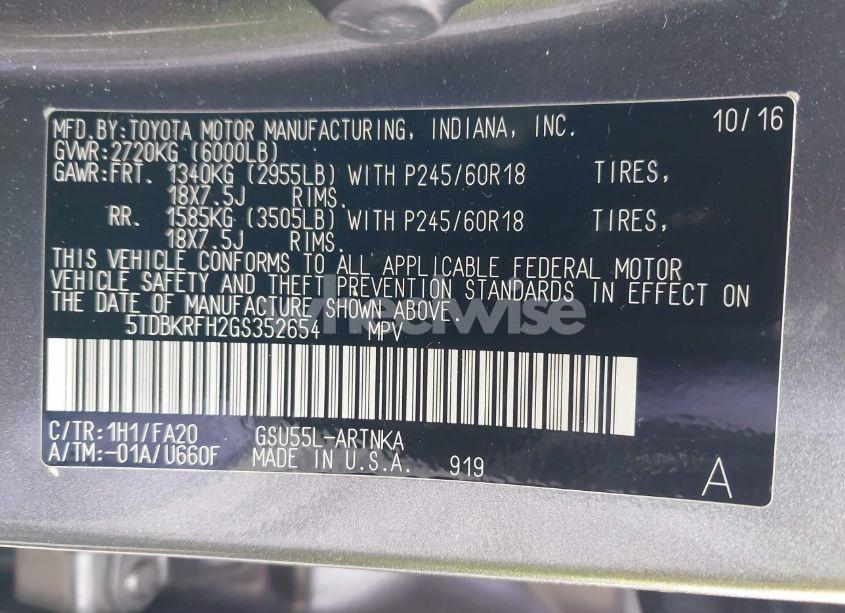 Photo 9 of 2016 Toyota Highlander LE PLUS V6 (VIN 5TDBKRFH2GS352654)