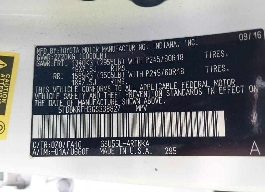 Photo 9 of 2016 Toyota Highlander LE/LE PLUS (VIN 5TDBKRFH3GS338827)