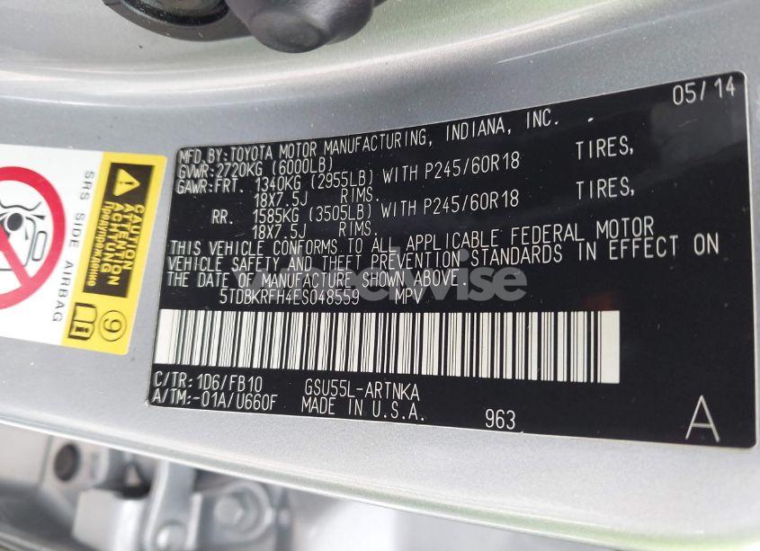 Photo 9 of 2014 Toyota Highlander LE V6 (VIN 5TDBKRFH4ES048559)