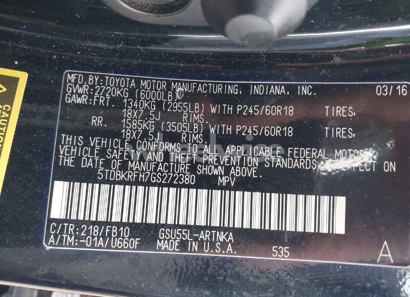 Photo 9 of 2016 Toyota Highlander LE V6 (VIN 5TDBKRFH7GS272380)