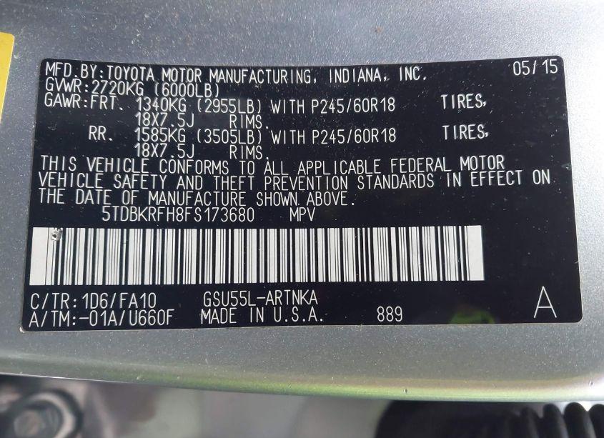 Photo 9 of 2015 Toyota Highlander LE PLUS V6 (VIN 5TDBKRFH8FS173680)