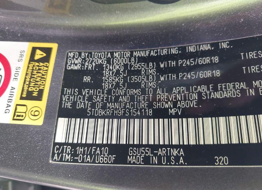 Photo 9 of 2015 Toyota Highlander LE PLUS V6 (VIN 5TDBKRFH9FS154118)