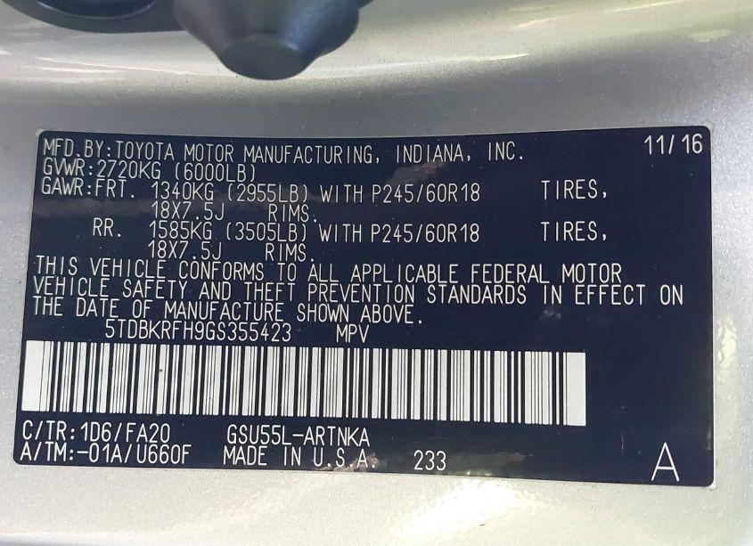 Photo 9 of 2016 Toyota Highlander LE PLUS V6 (VIN 5TDBKRFH9GS355423)