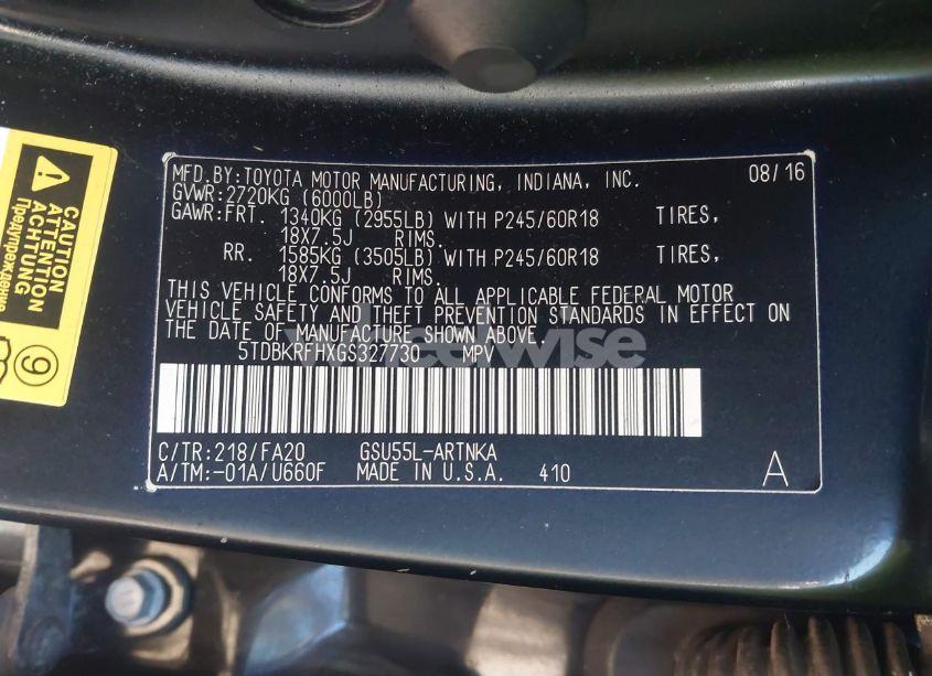 Photo 9 of 2016 Toyota Highlander LE PLUS V6 (VIN 5TDBKRFHXGS327730)