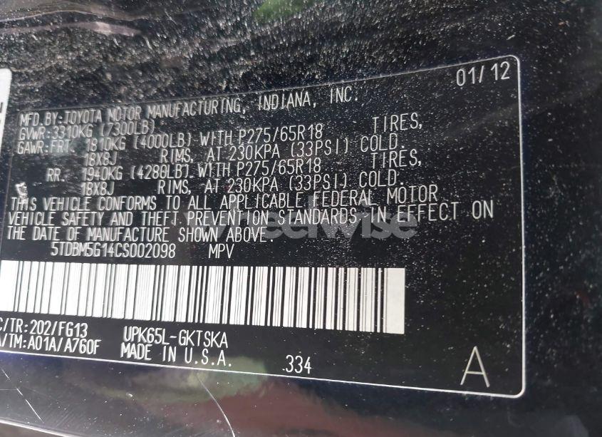 Photo 9 of 2012 Toyota Sequoia SR5 4.6L V8 (VIN 5TDBM5G14CS002098)