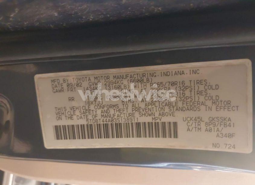 Photo 9 of 2003 Toyota Sequoia SR5 V8 (VIN 5TDBT44A03S138911)