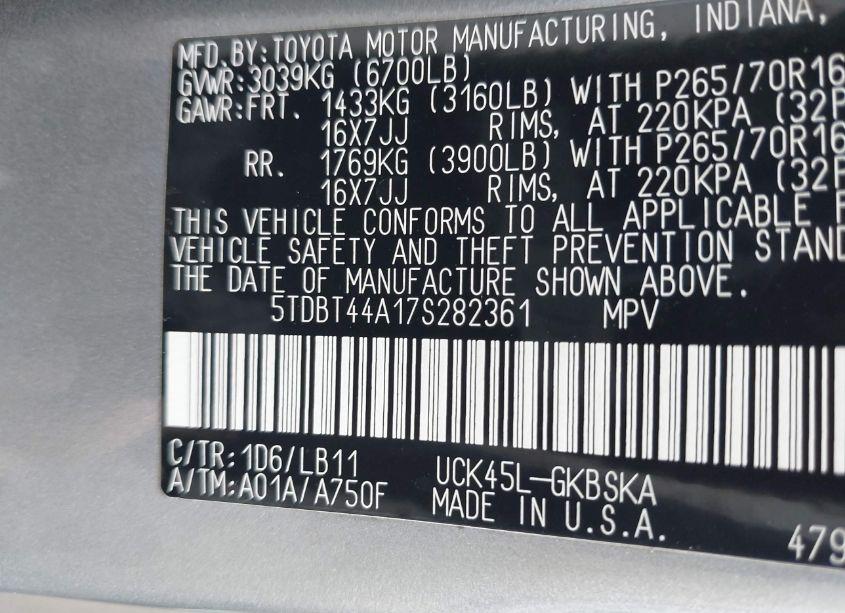 Photo 9 of 2007 Toyota Sequoia SR5 V8 (VIN 5TDBT44A17S282361)