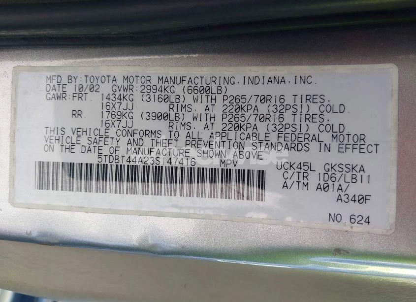 Photo 9 of 2003 Toyota Sequoia SR5 V8 (VIN 5TDBT44A23S147416)