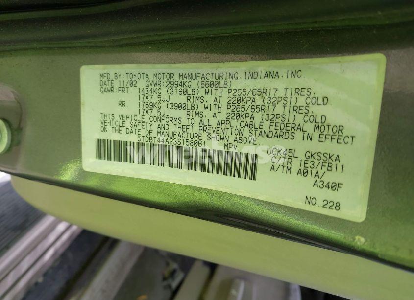 Photo 9 of 2003 Toyota Sequoia SR5 V8 (VIN 5TDBT44A23S158061)