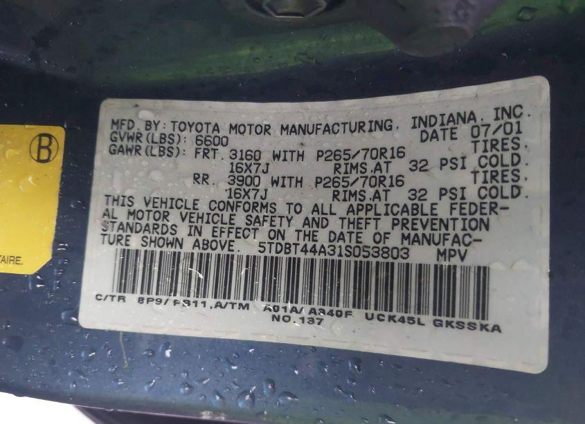 Photo 9 of 2001 Toyota Sequoia SR5 V8 (VIN 5TDBT44A31S053803)