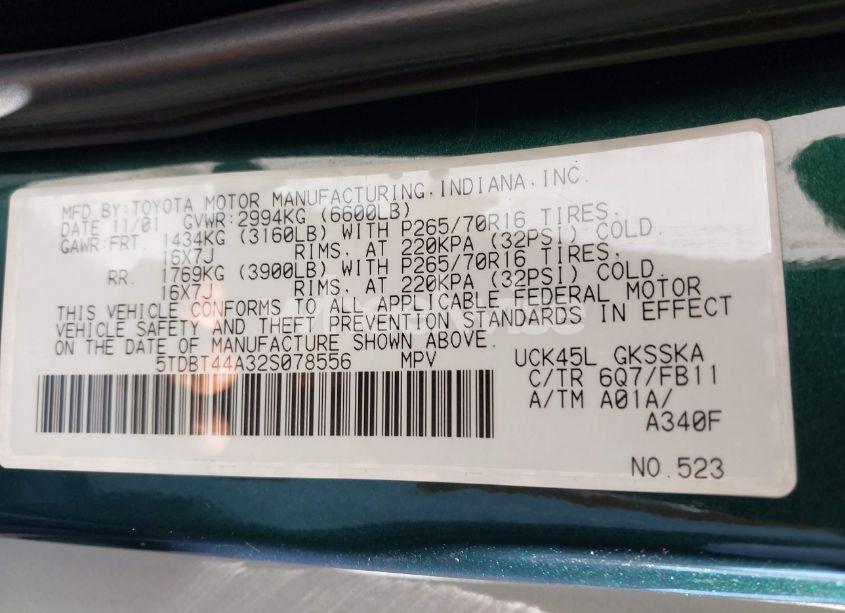 Photo 9 of 2002 Toyota Sequoia SR5 V8 (VIN 5TDBT44A32S078556)