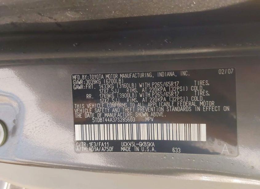 Photo 9 of 2007 Toyota Sequoia SR5 V8 (VIN 5TDBT44A37S285603)