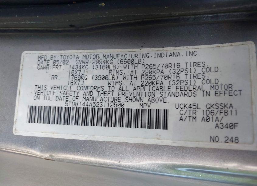 Photo 9 of 2002 Toyota Sequoia SR5 V8 (VIN 5TDBT44A52S112500)