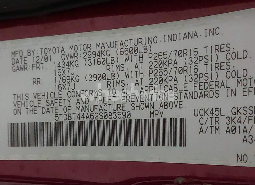 Photo 9 of 2002 Toyota Sequoia SR5 V8 (VIN 5TDBT44A62S083590)