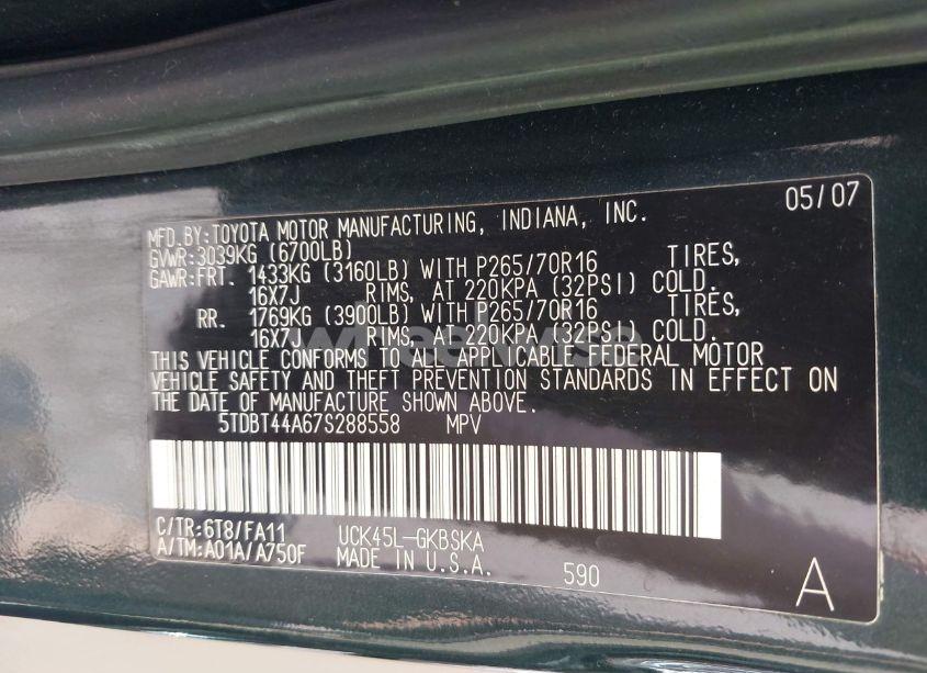 Photo 9 of 2007 Toyota Sequoia SR5 V8 (VIN 5TDBT44A67S288558)