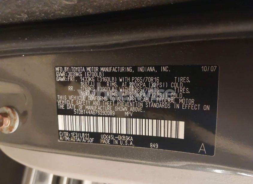 Photo 9 of 2007 Toyota Sequoia SR5 V8 (VIN 5TDBT44A67S292089)