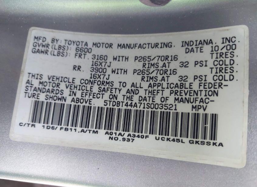 Photo 9 of 2001 Toyota Sequoia SR5 V8 (VIN 5TDBT44A71S003521)