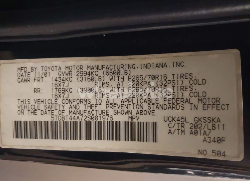 Photo 9 of 2002 Toyota Sequoia SR5 V8 (VIN 5TDBT44A72S081976)