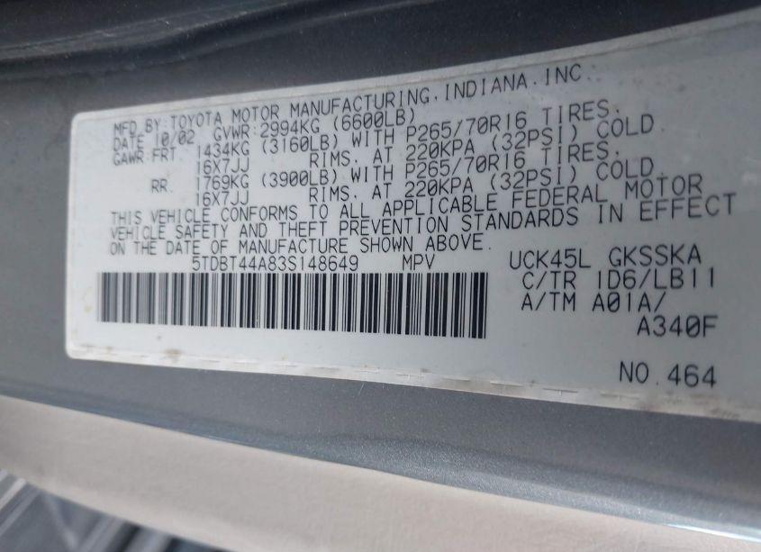 Photo 9 of 2003 Toyota Sequoia SR5 V8 (VIN 5TDBT44A83S148649)