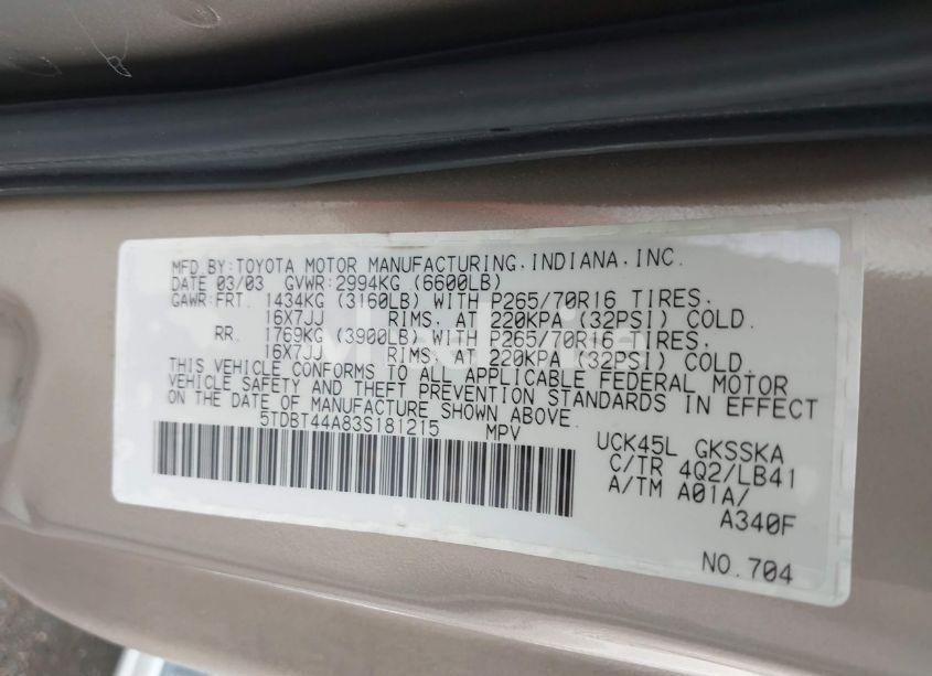 Photo 9 of 2003 Toyota Sequoia SR5 V8 (VIN 5TDBT44A83S181215)