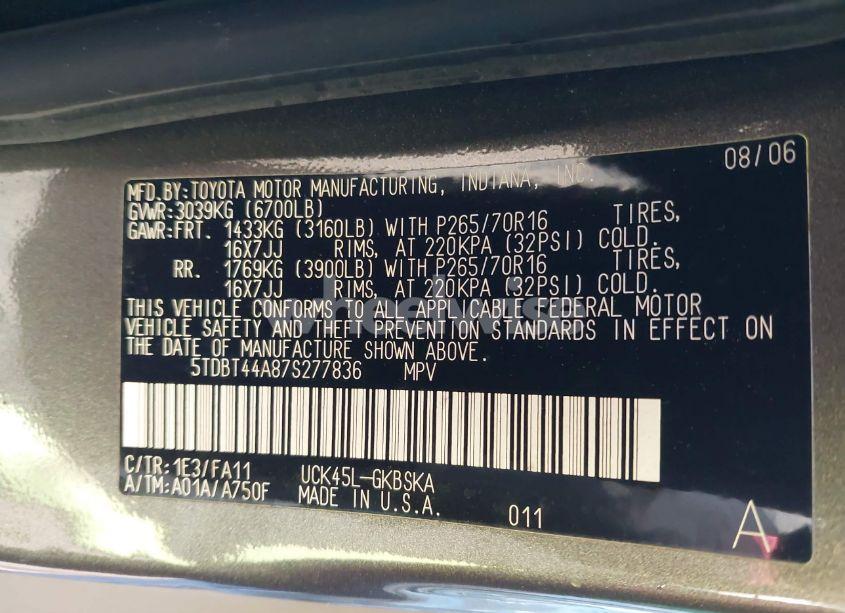 Photo 9 of 2007 Toyota Sequoia SR5 V8 (VIN 5TDBT44A87S277836)