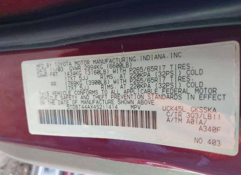 Photo 9 of 2004 Toyota Sequoia SR5 V8 (VIN 5TDBT44AX4S211414)