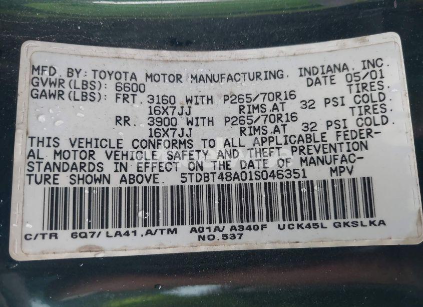 Photo 9 of 2001 Toyota Sequoia LIMITED V8 (VIN 5TDBT48A01S046351)