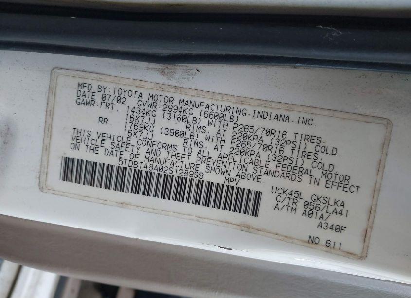 Photo 9 of 2002 Toyota Sequoia LIMITED V8 (VIN 5TDBT48A02S128999)