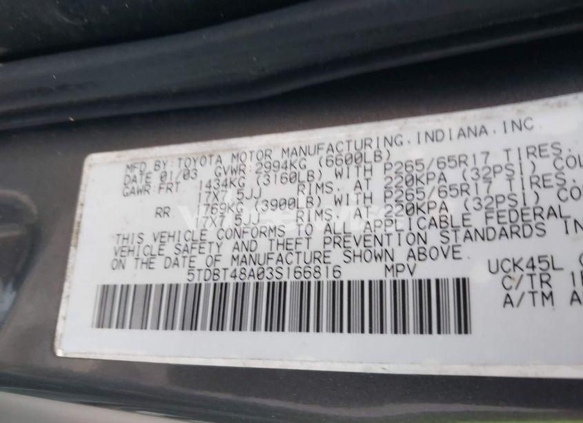 Photo 9 of 2003 Toyota Sequoia LIMITED V8 (VIN 5TDBT48A03S166816)