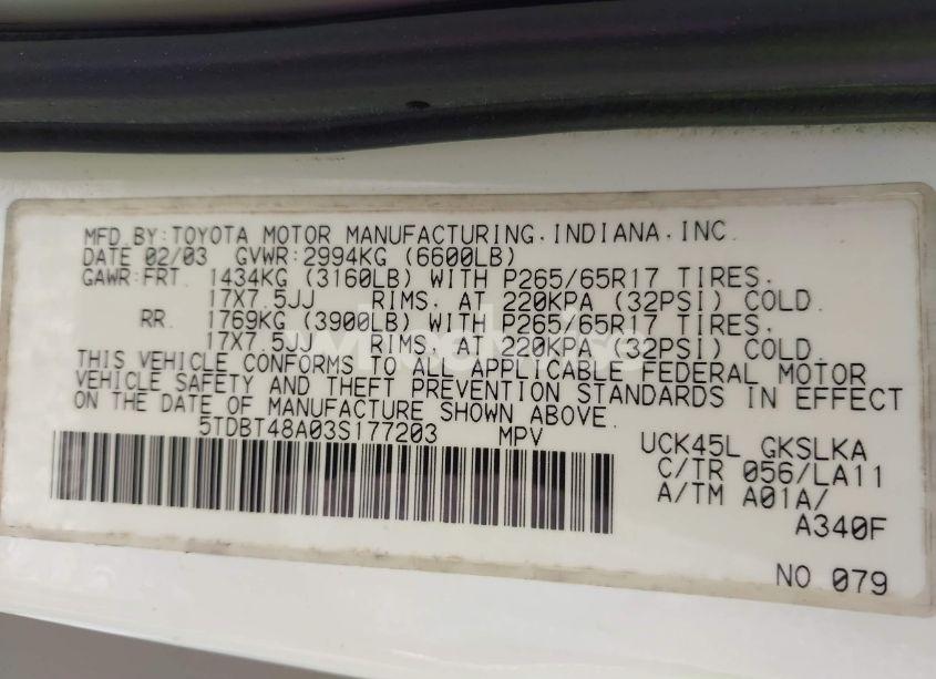 Photo 9 of 2003 Toyota Sequoia LIMITED V8 (VIN 5TDBT48A03S177203)