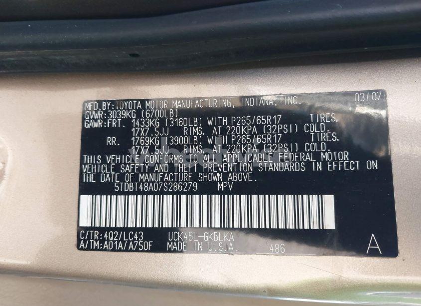 Photo 9 of 2007 Toyota Sequoia LIMITED V8 (VIN 5TDBT48A07S286279)