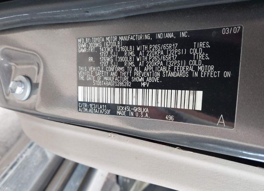 Photo 9 of 2007 Toyota Sequoia LIMITED V8 (VIN 5TDBT48A07S286282)