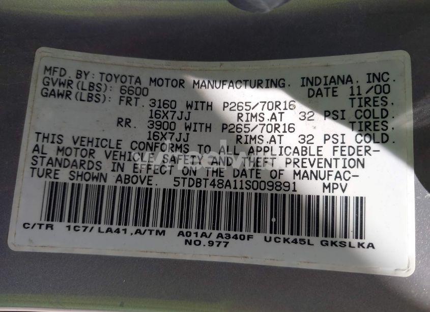 Photo 9 of 2001 Toyota Sequoia LIMITED V8 (VIN 5TDBT48A11S009891)