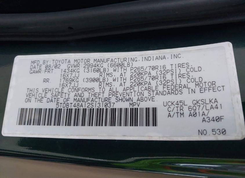 Photo 9 of 2002 Toyota Sequoia N/A (VIN 5TDBT48A12S131037)