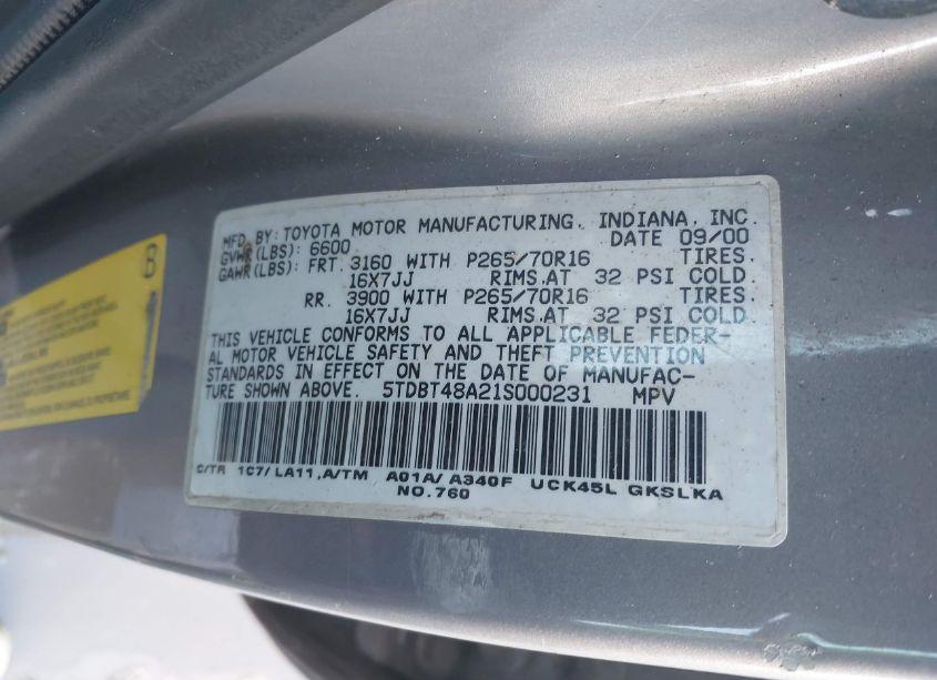 Photo 9 of 2001 Toyota Sequoia LIMITED V8 (VIN 5TDBT48A21S000231)