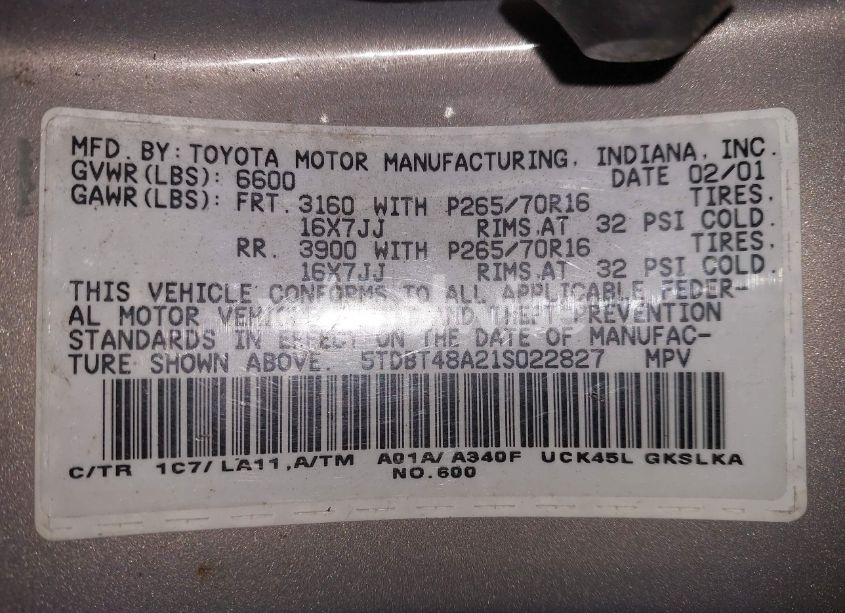 Photo 9 of 2001 Toyota Sequoia LIMITED V8 (VIN 5TDBT48A21S022827)