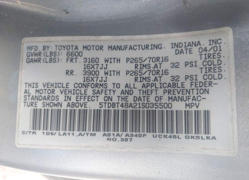 Photo 9 of 2001 Toyota Sequoia LIMITED V8 (VIN 5TDBT48A21S035500)