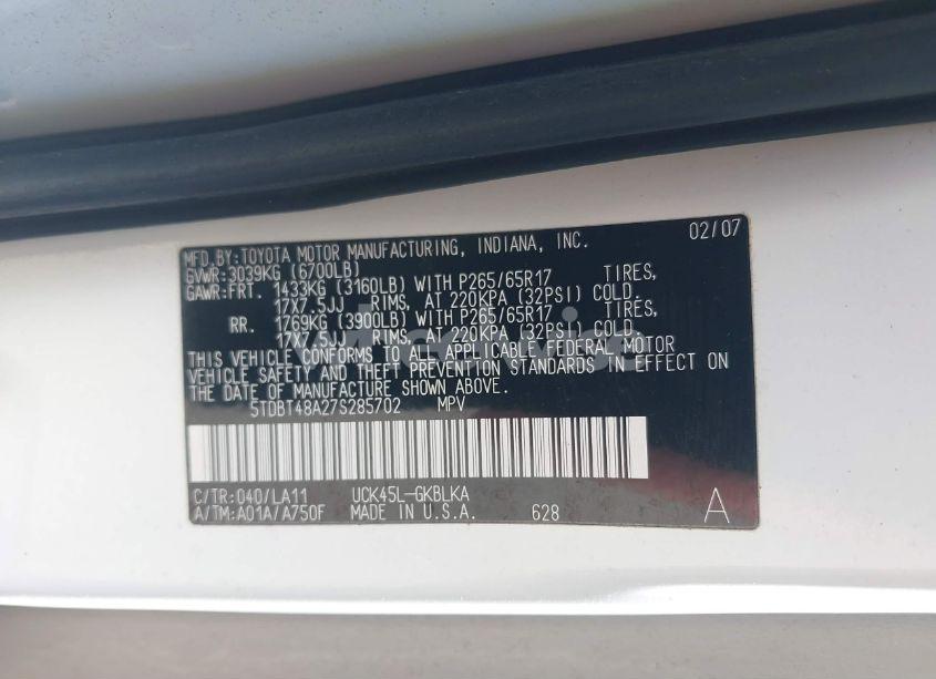 Photo 9 of 2007 Toyota Sequoia LIMITED V8 (VIN 5TDBT48A27S285702)