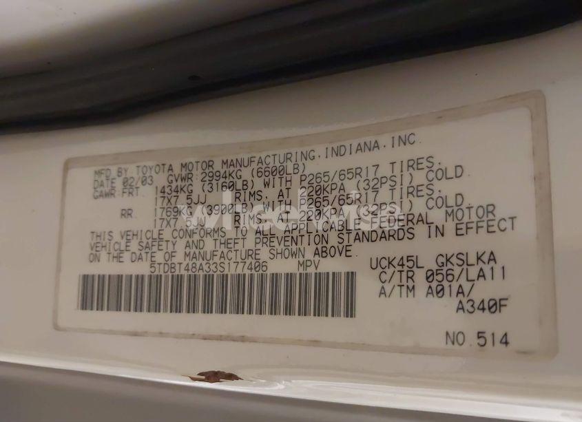 Photo 9 of 2003 Toyota Sequoia LIMITED V8 (VIN 5TDBT48A33S177406)