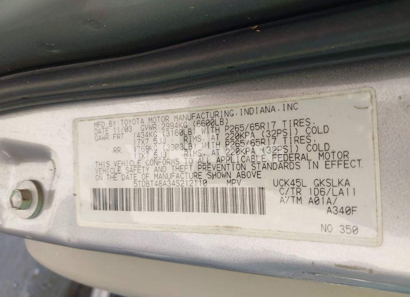 Photo 9 of 2004 Toyota Sequoia LIMITED V8 (VIN 5TDBT48A34S212110)