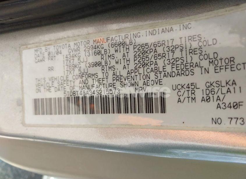 Photo 9 of 2004 Toyota Sequoia LIMITED V8 (VIN 5TDBT48A34S215573)