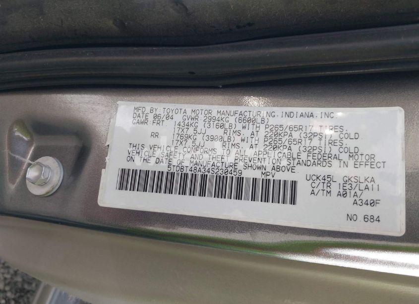 Photo 9 of 2004 Toyota Sequoia LIMITED V8 (VIN 5TDBT48A34S230459)