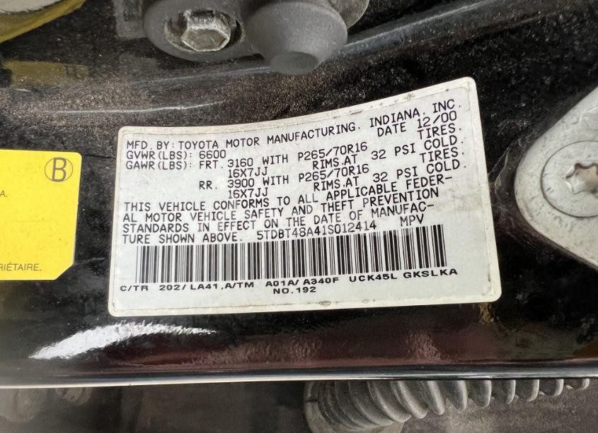 Photo 8 of 2001 Toyota Sequoia LIMITED (VIN 5TDBT48A41S012414)