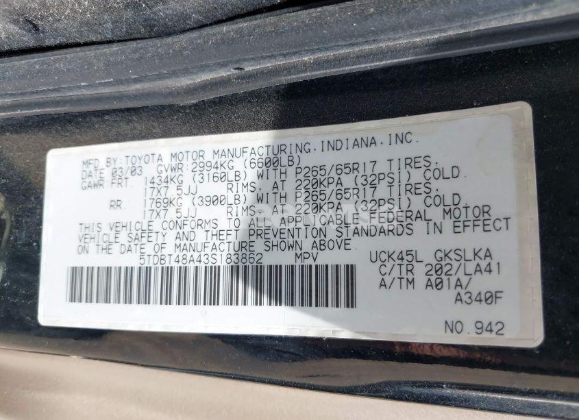 Photo 9 of 2003 Toyota Sequoia LIMITED V8 (VIN 5TDBT48A43S183862)