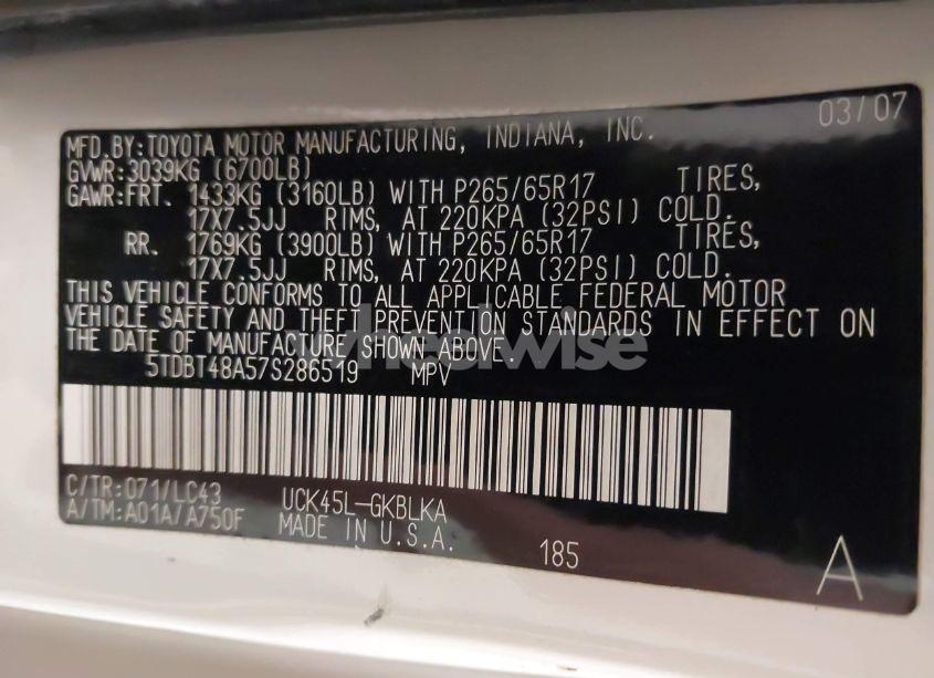 Photo 9 of 2007 Toyota Sequoia LIMITED V8 (VIN 5TDBT48A57S286519)