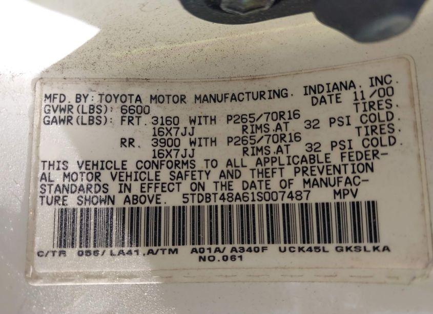 Photo 9 of 2001 Toyota Sequoia LIMITED V8 (VIN 5TDBT48A61S007487)