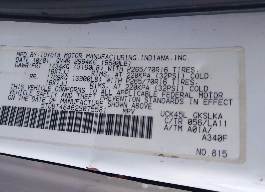 Photo 9 of 2002 Toyota Sequoia LIMITED V8 (VIN 5TDBT48A62S075581)