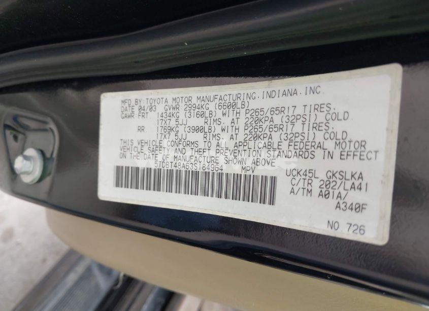 Photo 9 of 2003 Toyota Sequoia LIMITED V8 (VIN 5TDBT48A63S184964)